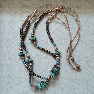 Turquoise, pyrite, silver beaded necklace.